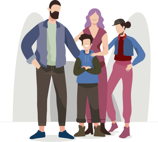 Illustration représentant une famille réunie et heureuse contenant les deux parents, une fille adolescente et un garçon adolescent